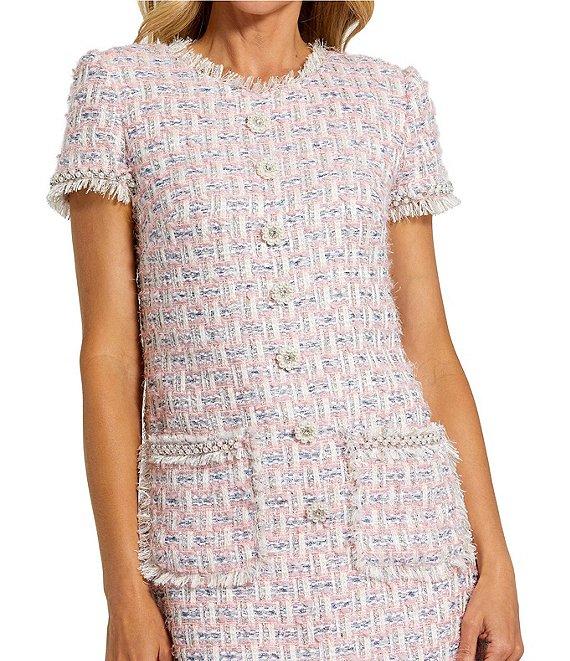 Mac Duggal Boucle High Neck Short Sleeves Floral Button Detail Shift Dress Product Image