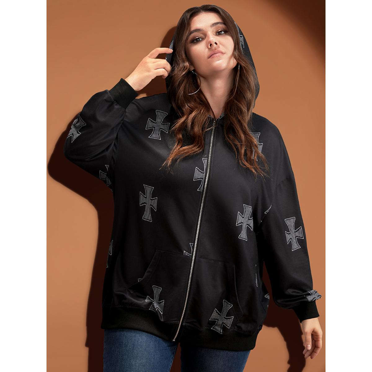 Plus Size Halloween Pocket Zipper Hooded Sweatshirt Women Black Casual Zipper Hooded Dailywear Sweatshirts BloomChic 28/5X Product Image
