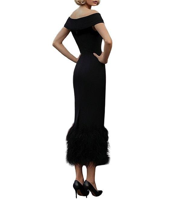 Terani Couture Off Shoulder Sheath Midi Dress With Feather Hem Product Image