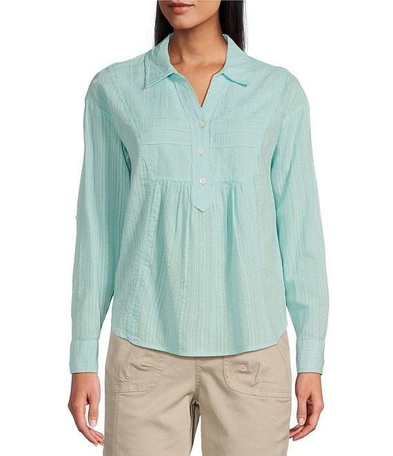 Westbound Petite Size Roll Tab 3/4 Sleeve Point Collar Henley Top Product Image