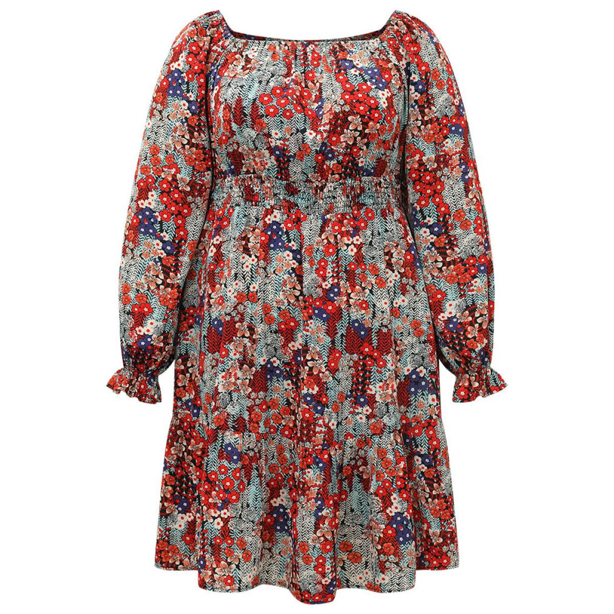 Plus Size Floral Print Shirred Square Neck Ruffle Dress Multicolor Women Elegant Elastic cuffs Square Neck Long Sleeve Curvy Midi Dress BloomChic 10/M Product Image