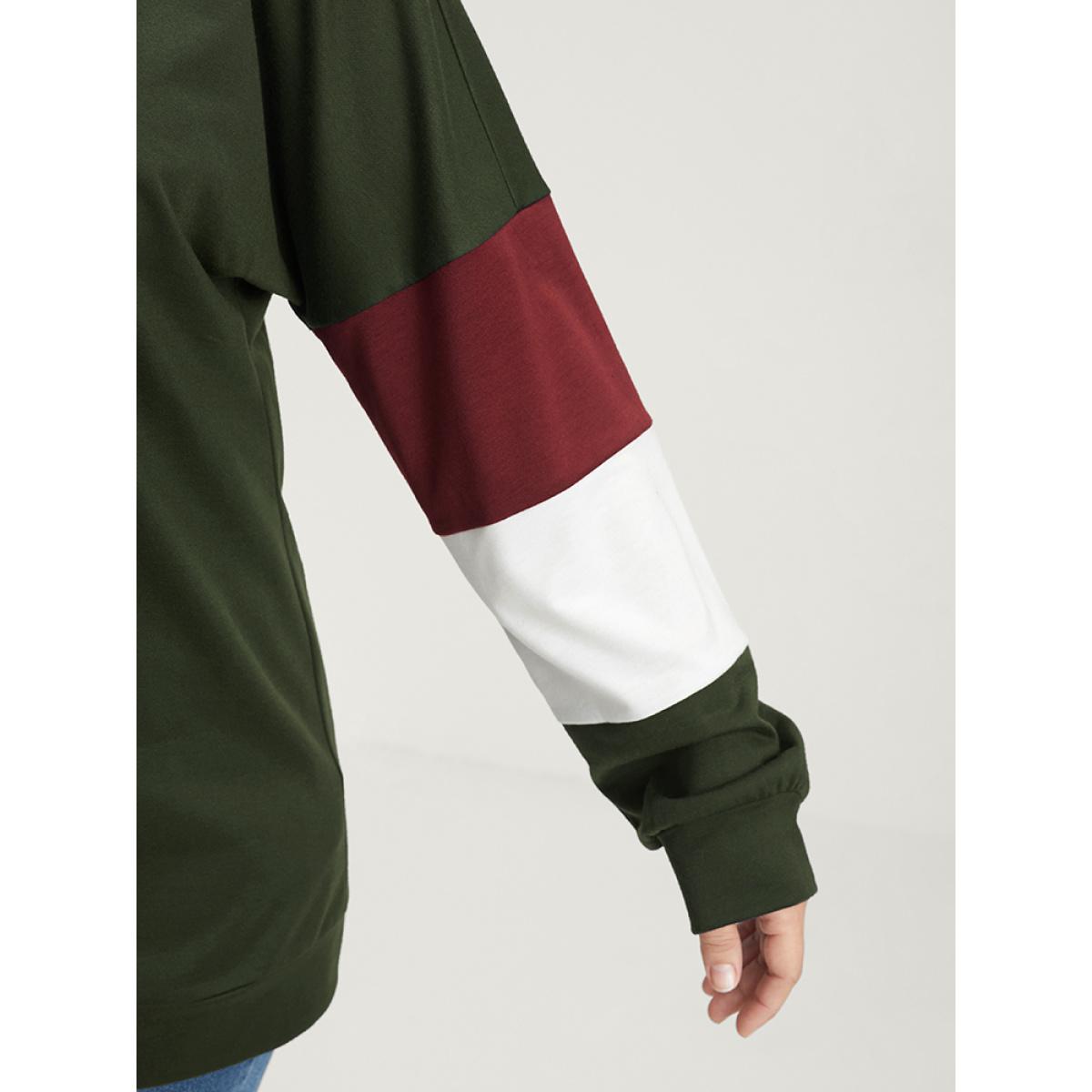 Plus Size Colorblock Patchwork Round Neck Drop Shoulder Sweatshirt Women ArmyGreen Casual Contrast Round Neck Dailywear Sweatshirts BloomChic 18-20/2X Product Image