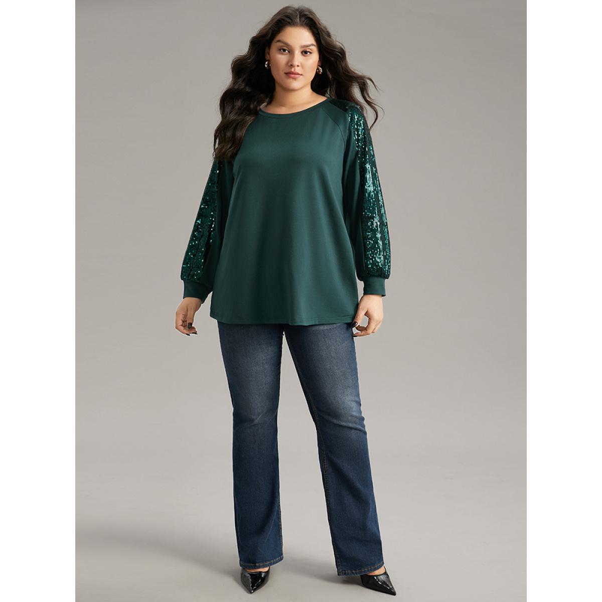 Plus Size Solid Sequin Patchwork Raglan Sleeve Sweatshirt Women DarkGreen Elegant Elastic cuffs Round Neck Dailywear Sweatshirts BloomChic 26/4X Product Image
