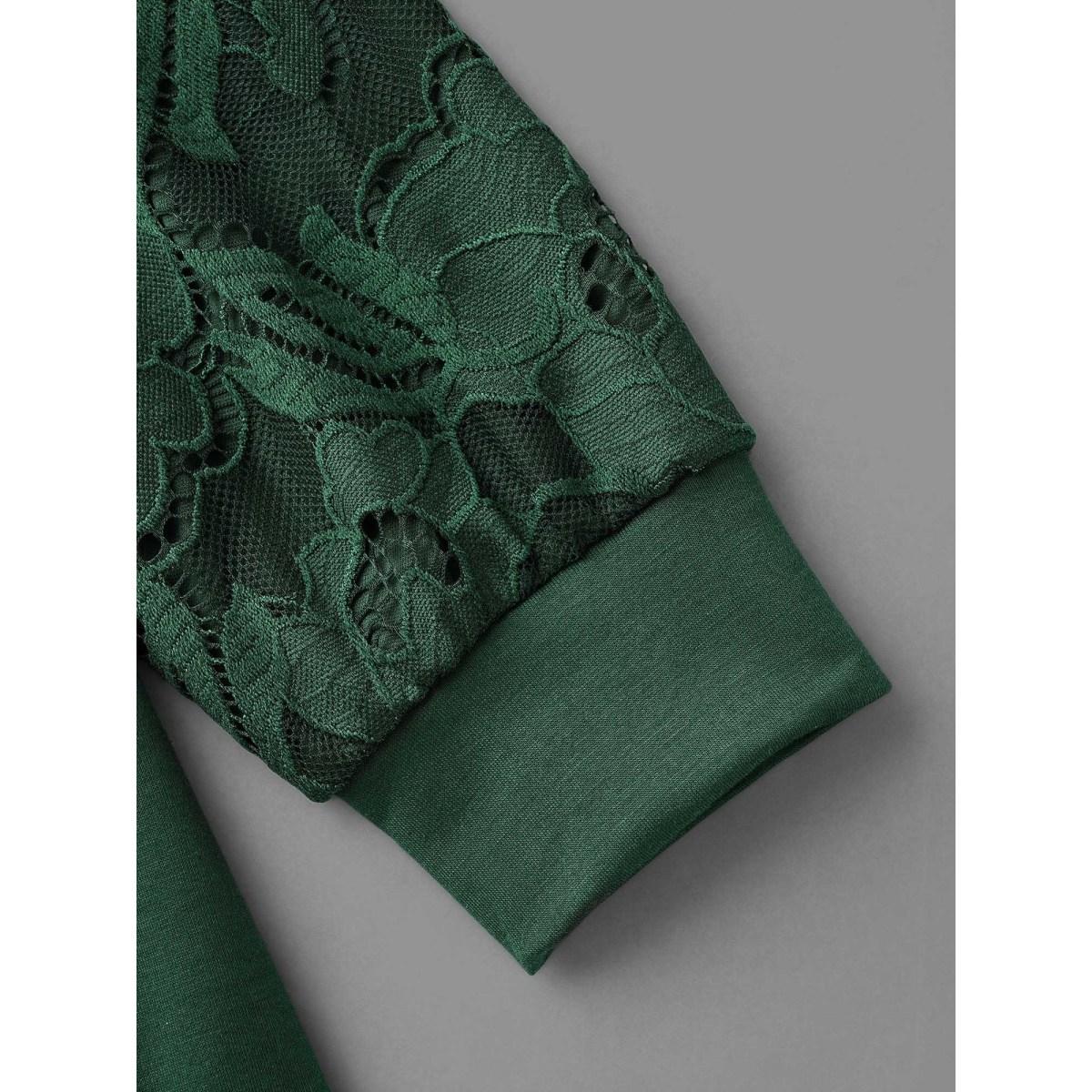 Plus Size Lace Patchwork Pocket Hooded Drawstring Sweatshirt Women DarkGreen Casual Patchwork Hooded Everyday Sweatshirts BloomChic 26/4X Product Image