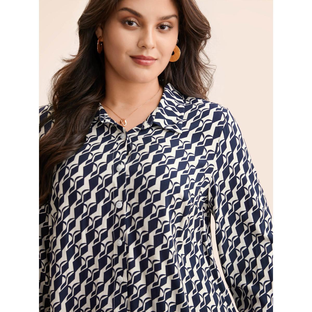 Plus Size Indigo Geometric Shirt Collar Pleated Blouse Women Elegant Long Sleeve Shirt collar Everyday Blouses BloomChic 30/6X Product Image