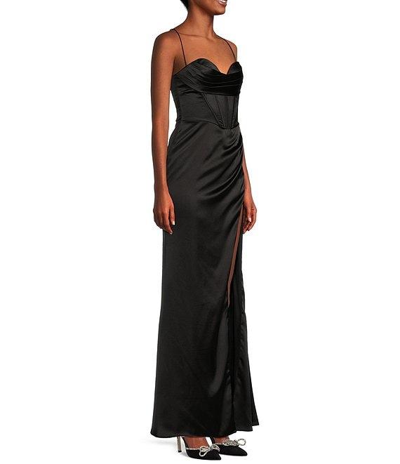 GB Social Corset Cowl Neck Lace-Up Back Slit Hem Satin Long Dress Product Image