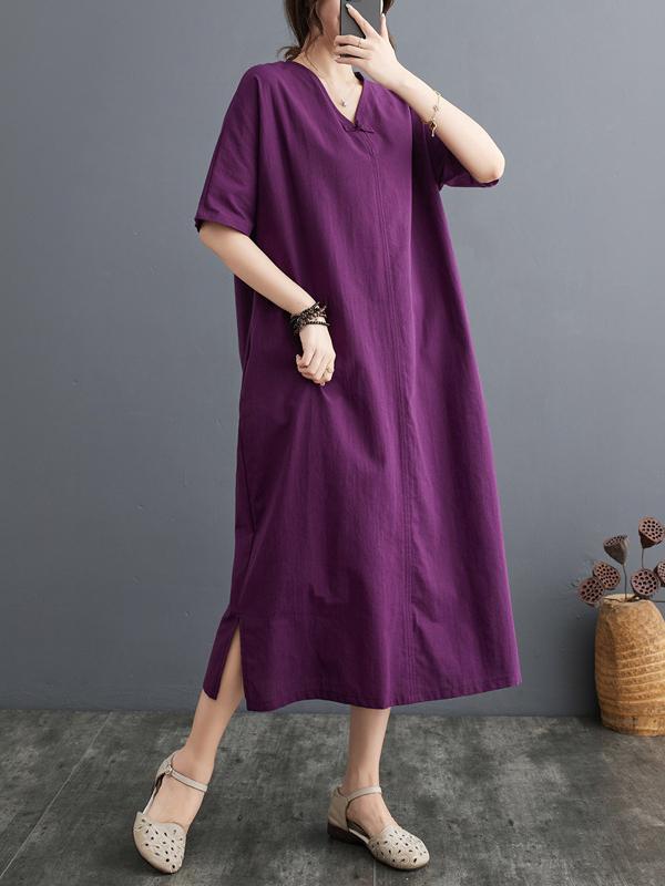 A-Line Loose Chinese Frog Buttons Pockets Solid Color Split-Side V-Neck Midi Dresses Product Image