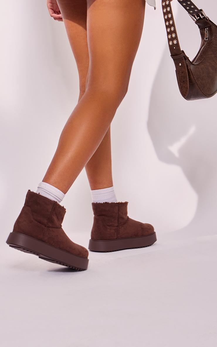 Chocolate Faux Suede Round Toe Thick Flat Sole Ankle Boots Product Image