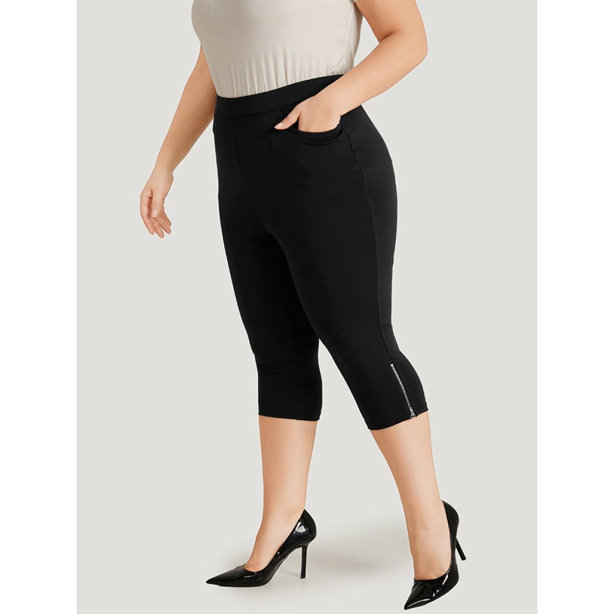 Plus Size Plain Skinny Pocket Zipper Cropped Pants Women Black Office Bodycon High Rise Office Pants BloomChic 10/M Product Image