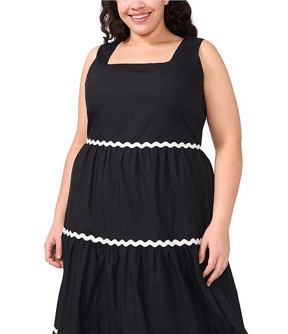 CeCe Plus Size Square Neckline Sleeveless Scallop Trim Tiered Maxi Dress Product Image