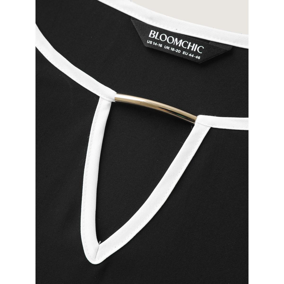 Plus Size Black Metallic Detail Neck Cut-Out Blouse Women Short sleeve Boat Neck Work Blouses BloomChic 12/L Product Image