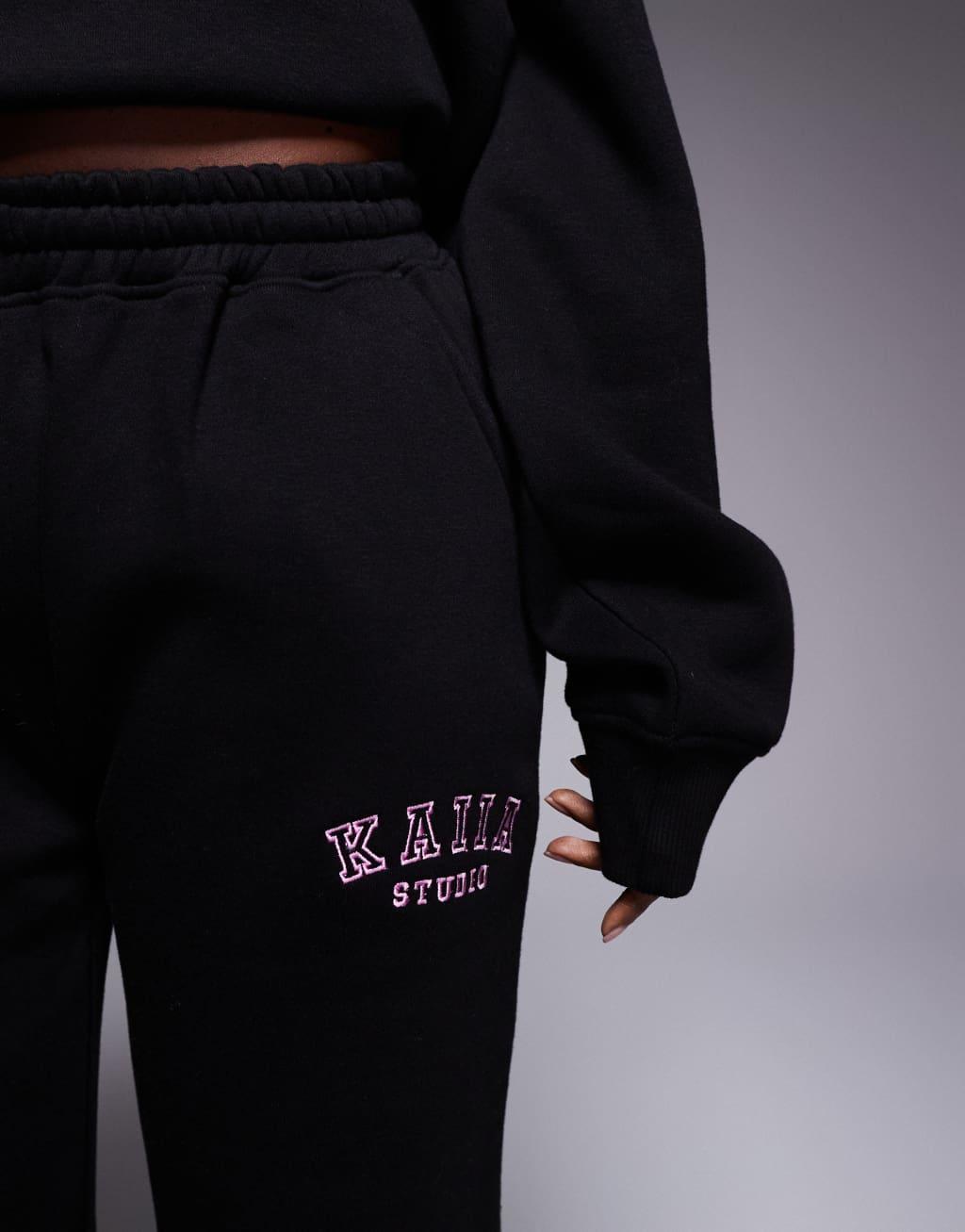 Kaiia embroidered logo wide leg sweatpants in black and pink - part of a set Product Image