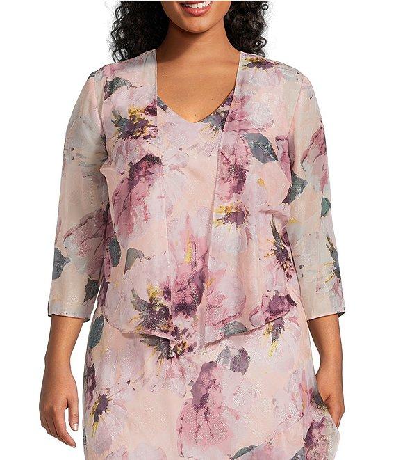 R & M Richards Plus Size Floral Print Chiffon Bolero 3/4 Sleeve Asymmetrical Ruffle Hem 2-Piece Jacket Dress Product Image