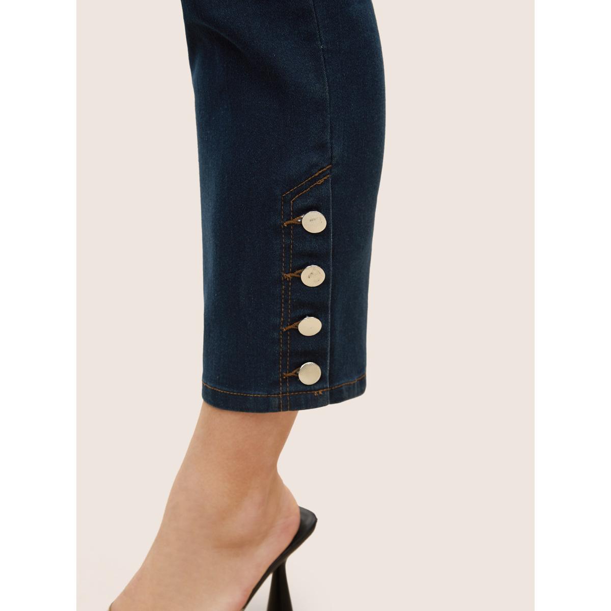 Plus Size Black Wash Button Detail Elastic Wais Slim Jeans Women Denimindigo Elegant Plain Non High stretch Pocket Jeans BloomChic 30/6X Product Image