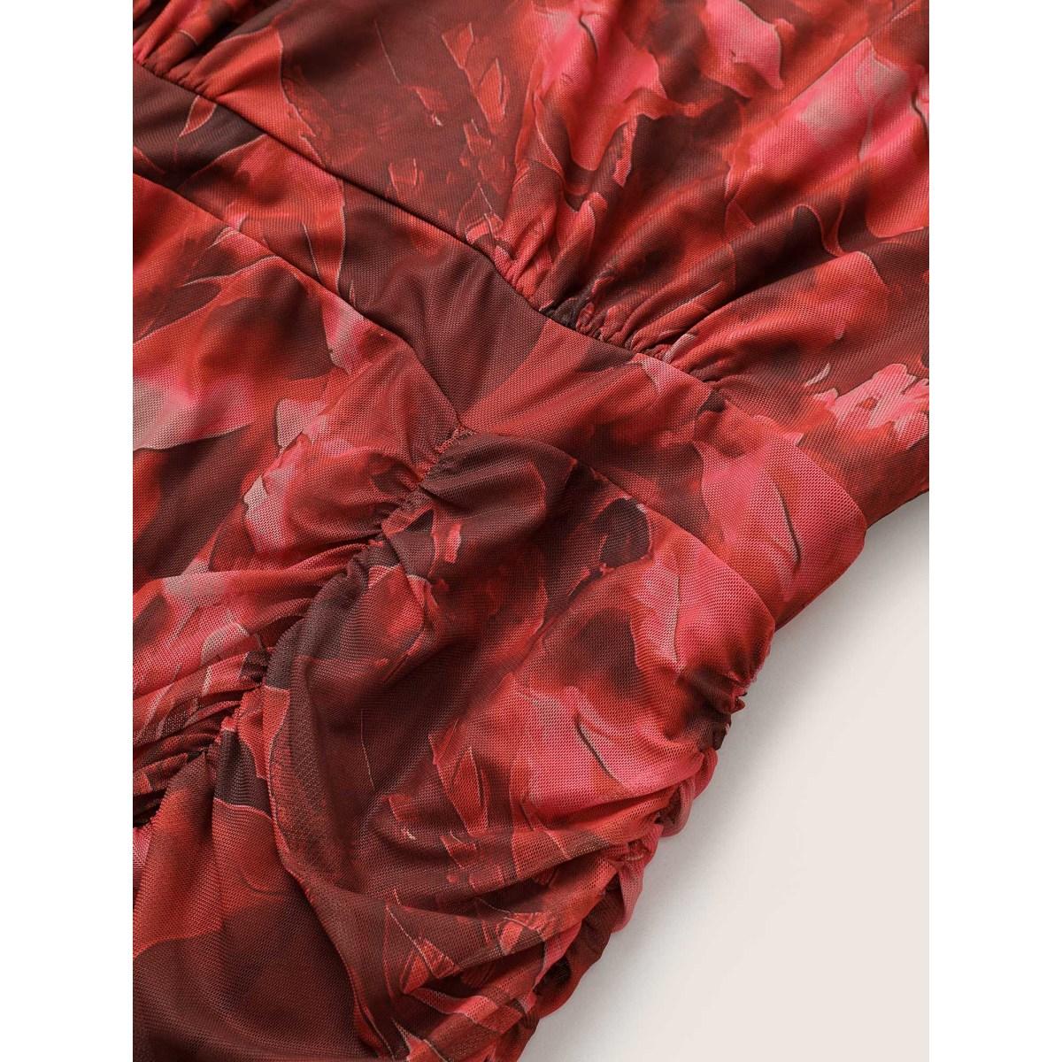 Plus Size Floral Print Pocket Ruched Hem Dress Raspberry Women Elegant Gathered V-neck Long Sleeve Curvy Midi Dress BloomChic 22-24/3X Product Image