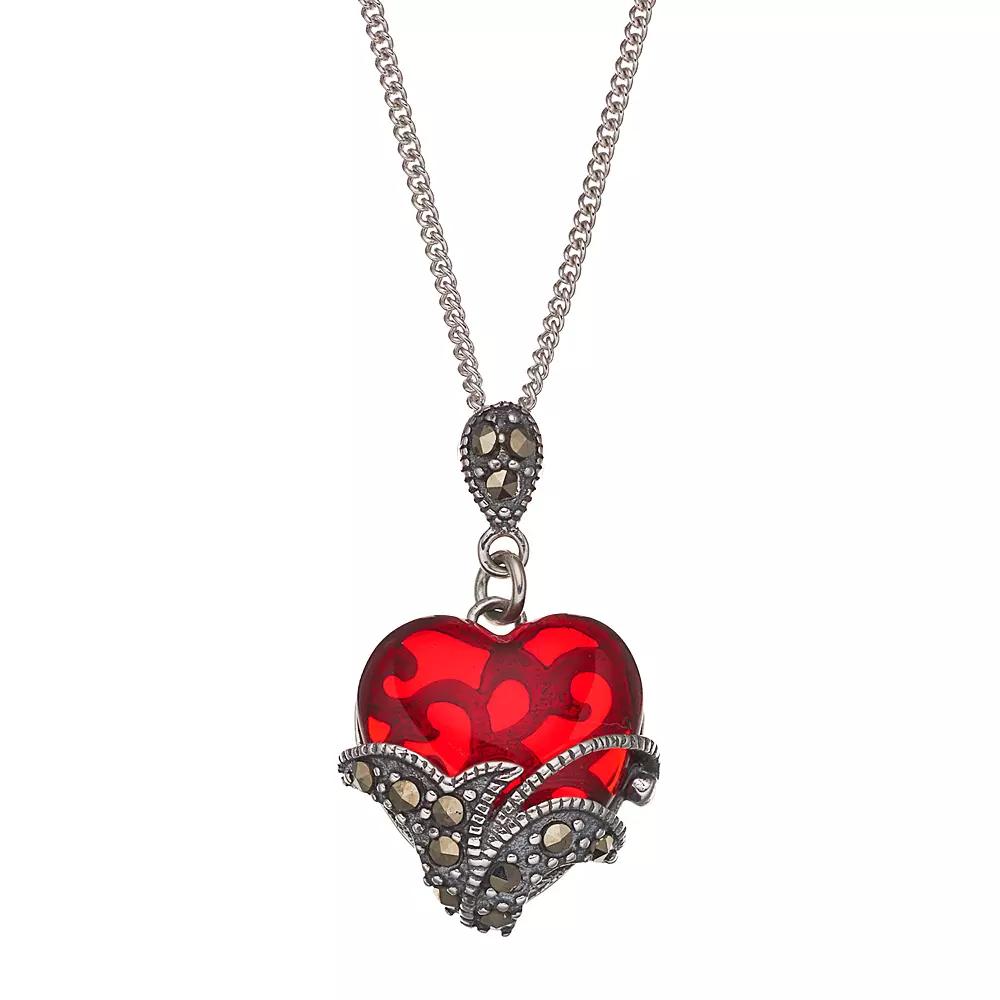 Tori Hill Sterling Silver Marcasite & Red Glass Heart Pendant Necklace, Women's, Size: 18" Product Image