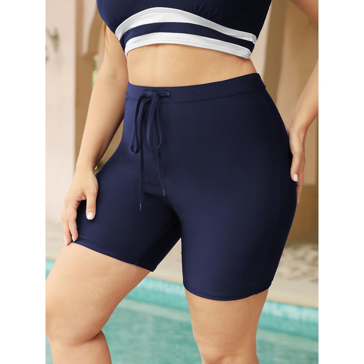 Plus Size High Waist Ties Front Swim Shorts Women's Swimwear Indigo Vacation Plain High stretch Skinny High Rise Curve Swim Bottoms BloomChic 10/M Product Image