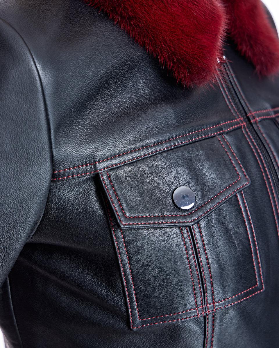 Leather Jacket with Mink Collar and Cuffs Product Image
