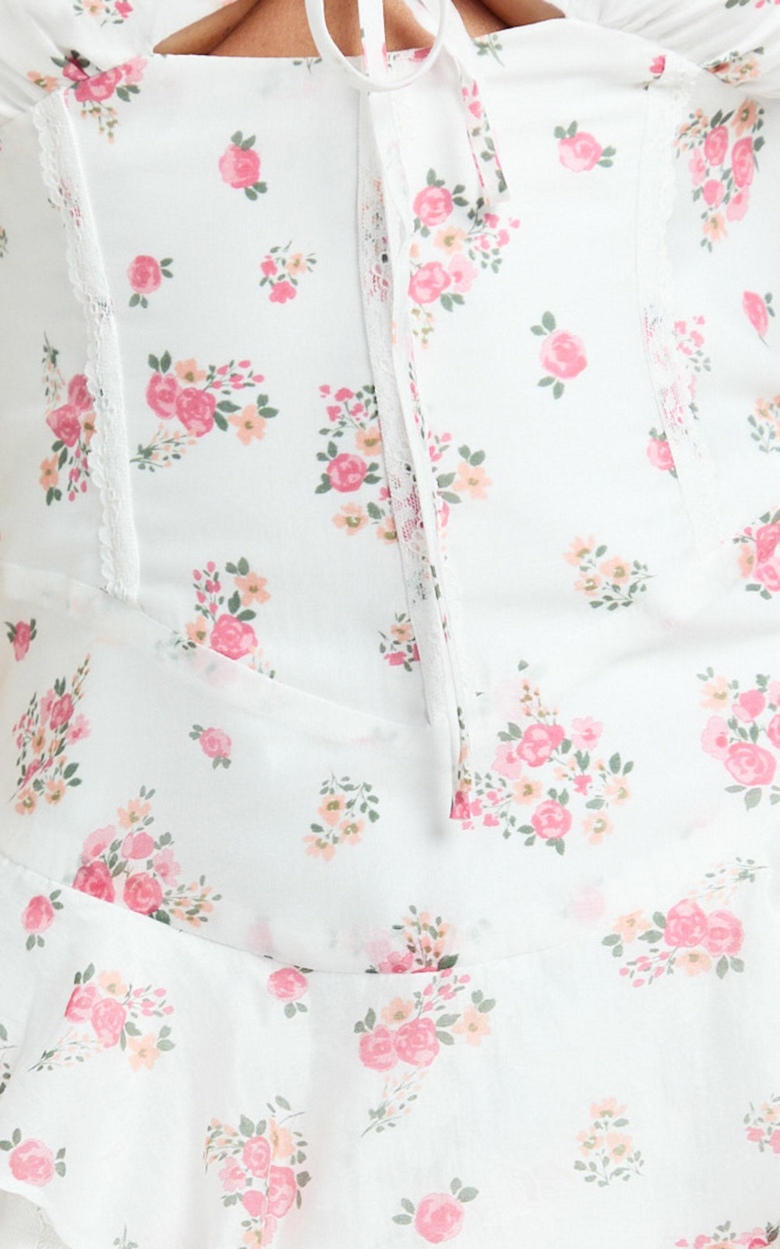 Justine Mini Dress - Strappy Tie Front Corset Waist Ruffle Hem Dress in Romantic Ditsy Print Product Image