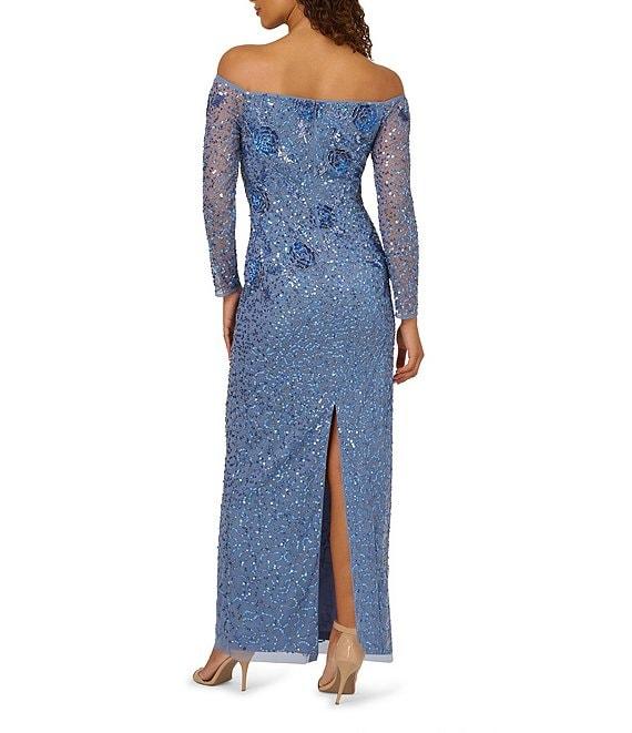 Adrianna Papell Off-The-Shoulder Beaded Mesh Long Illusion Sleeve Gown Product Image
