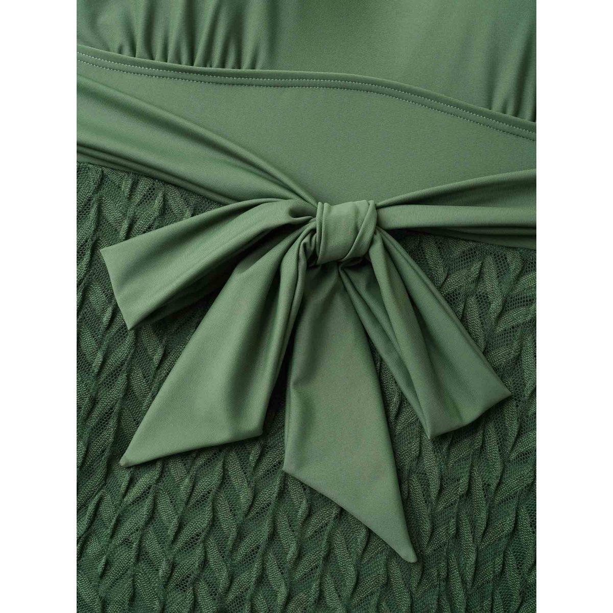 Plus Size Frill Trim Belted Fit Flare Swim Dress Women's Swimwear Moss Resort Bodycon Heart neckline High stretch Curve Swim Dresses BloomChic 30/6X Product Image