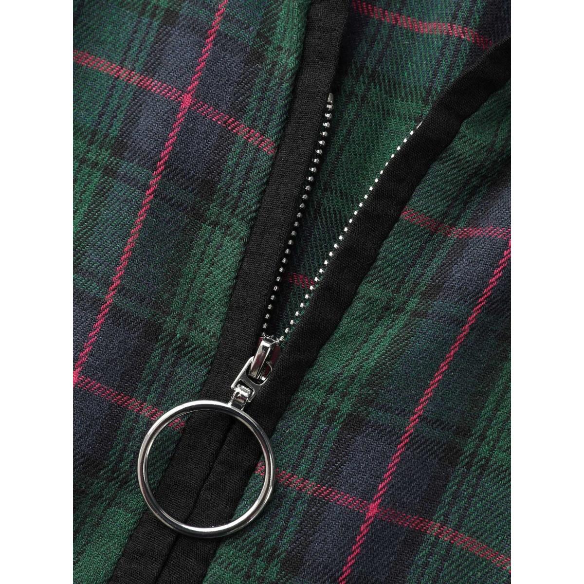 Plus Size Contrast Plaid O Ring Zipper Dress Emerald Women Office Contrast Shirt collar Long Sleeve Curvy BloomChic 22-24/3X Product Image