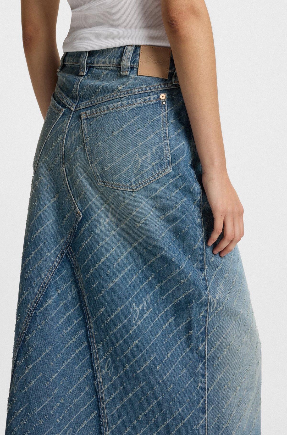 Denim skirt with logo pinstripe pattern and front slit Product Image
