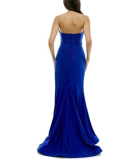 B. Darlin Shiny Knit Strapless Sweetheart Neck Pleated Front Slit Dress Product Image