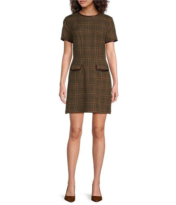 Trina Turk Adisa Woven Plaid Print Round Neck Short Sleeve Sheath Dress Product Image