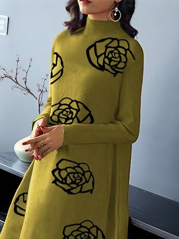 A-Line Long Sleeves Flower Print Mock Neck Midi Dresses Product Image
