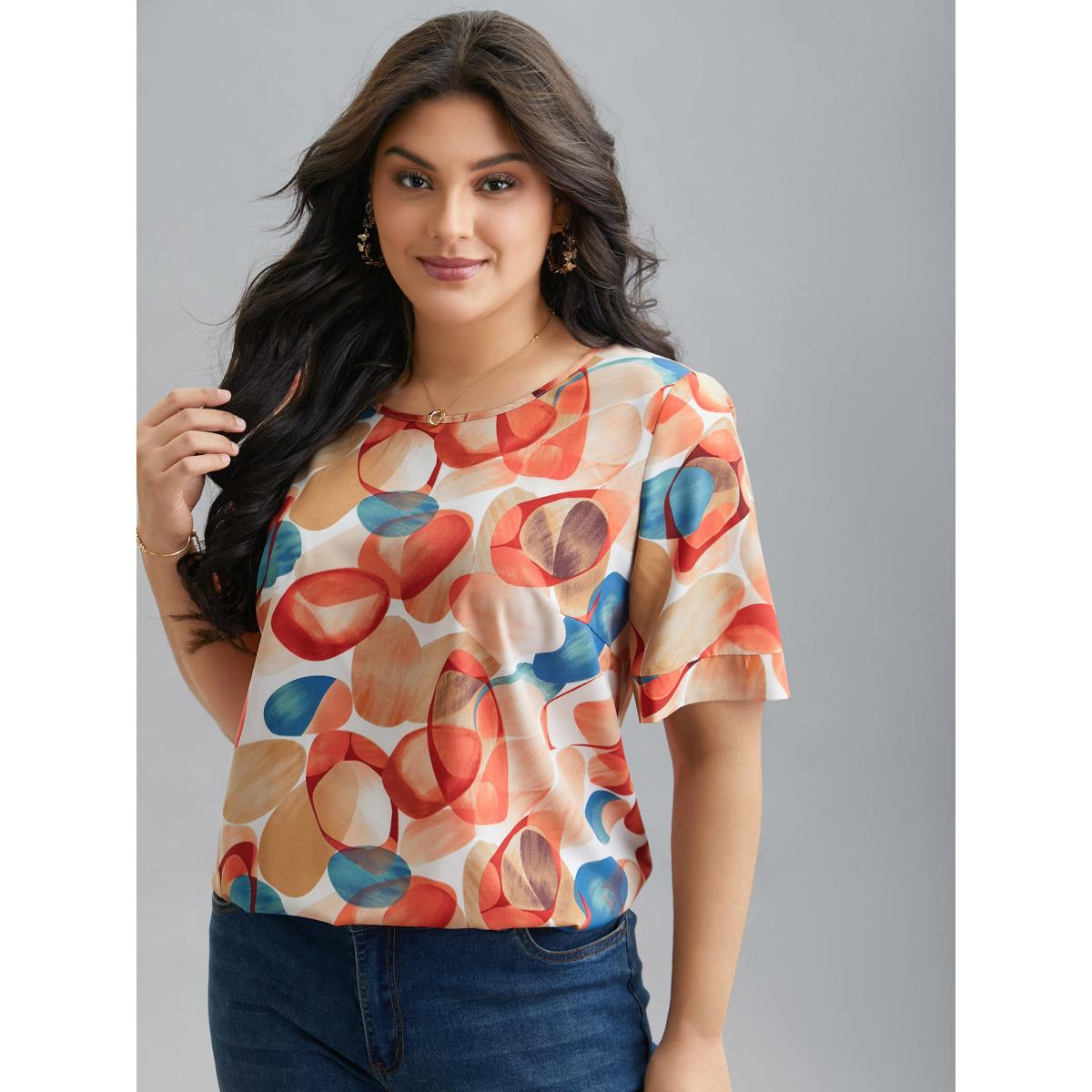Plus Size Salmon Multi-Color Drops Round Neck Blouse Women Elegant Half Sleeve Round Neck Everyday Blouses BloomChic 28/5X Product Image