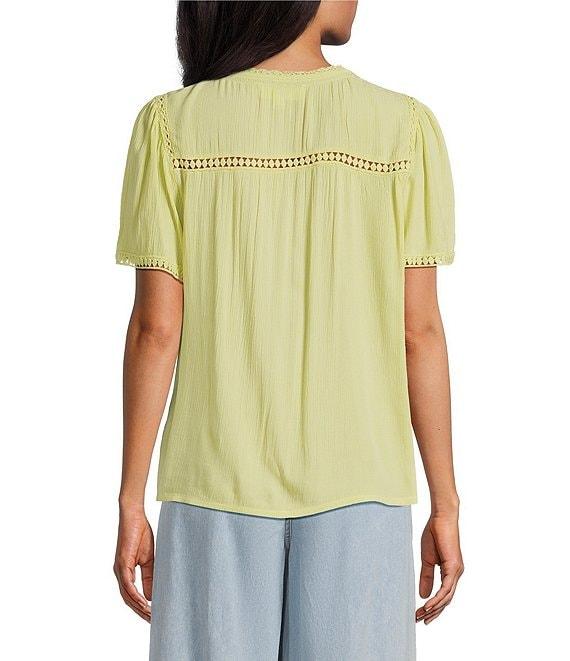 Nurture Crinkle Woven Embroidered Short Sleeve V-Neck Top Product Image