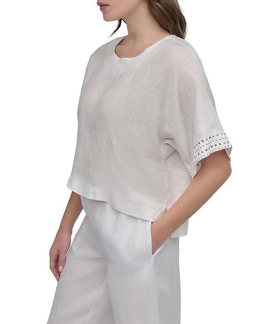 DKNY by Donna Karan Linen Crew Neck Studded Short Sleeve Boxy top Product Image