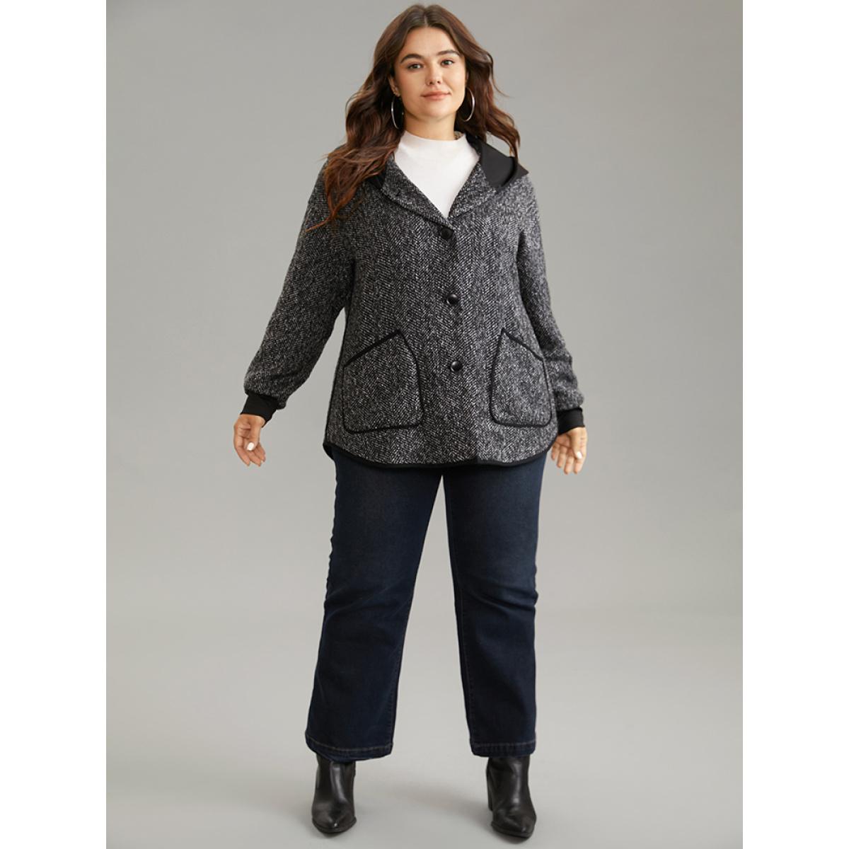 Plus Size Tweed Pocket Button Through Hooded Coat Women Black Casual Patchwork Ladies Dailywear Winter Coats BloomChic 14-16/1X Product Image