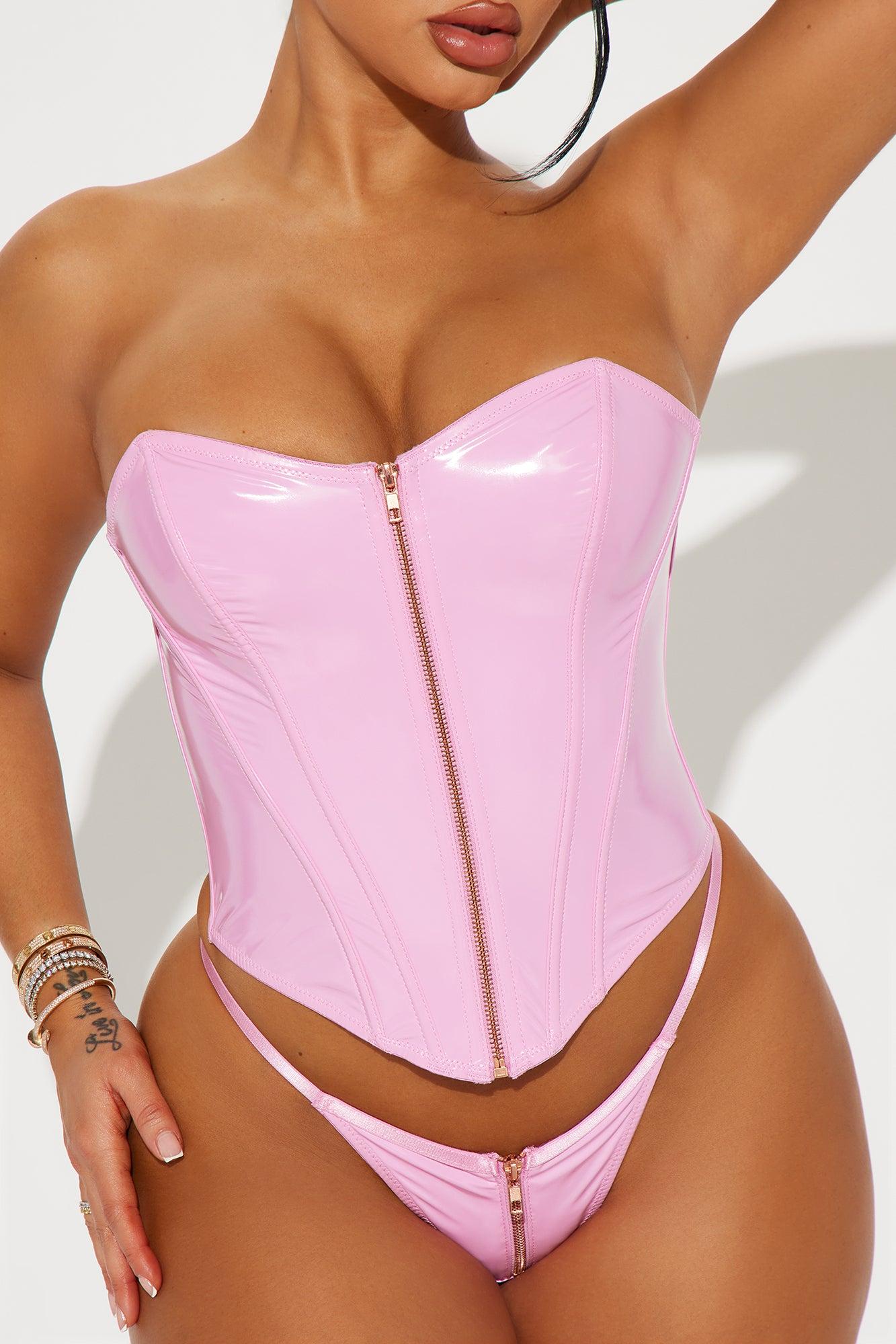 Follow My Lead Liquid Vinyl 2 Piece Corset Set - Pink Product Image