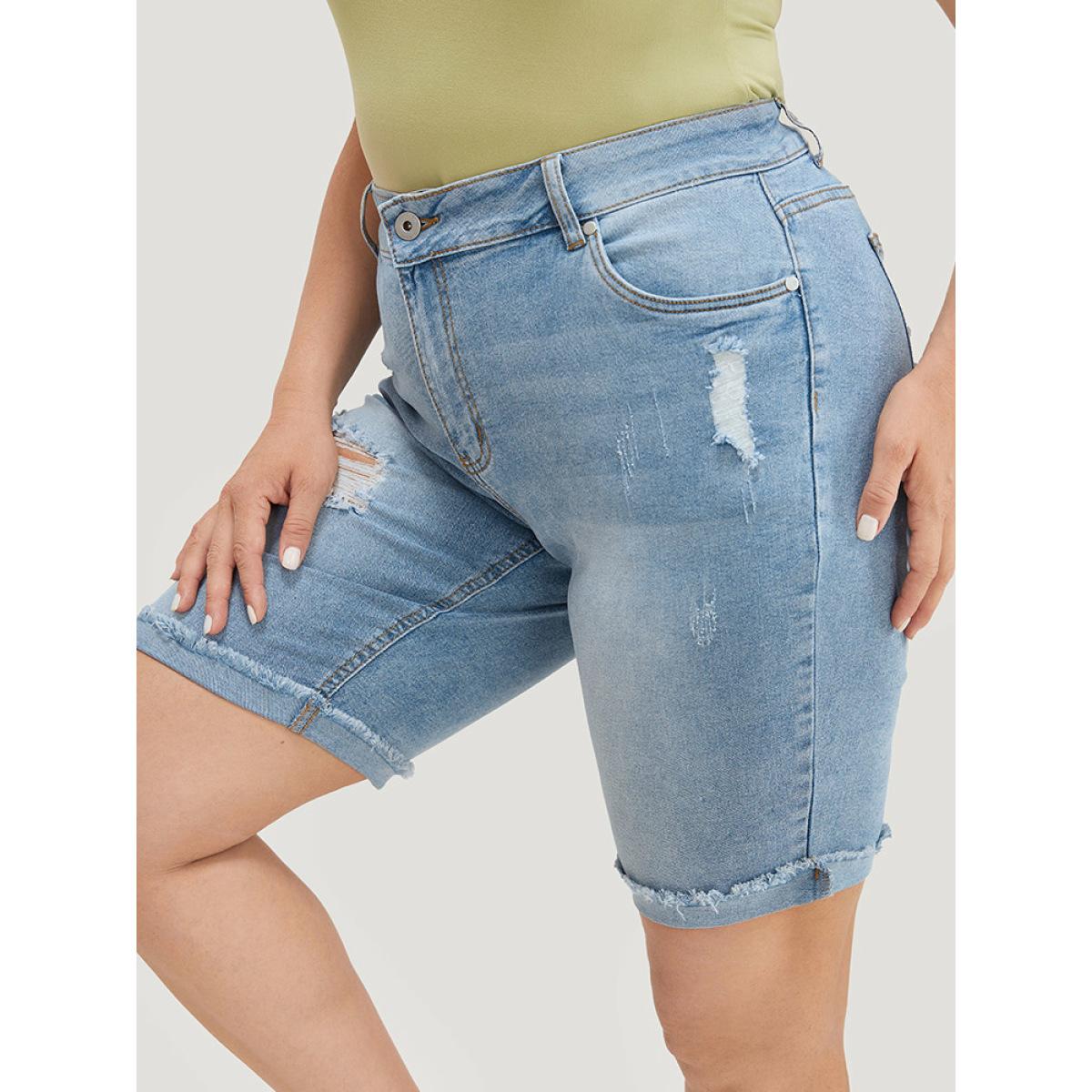Plus Size Moderately Stretchy High Rise Light Wash Distressed Denim Shorts Women LightBlue Casual Plain Medium stretch Pocket Jeans BloomChic 14/1X Product Image