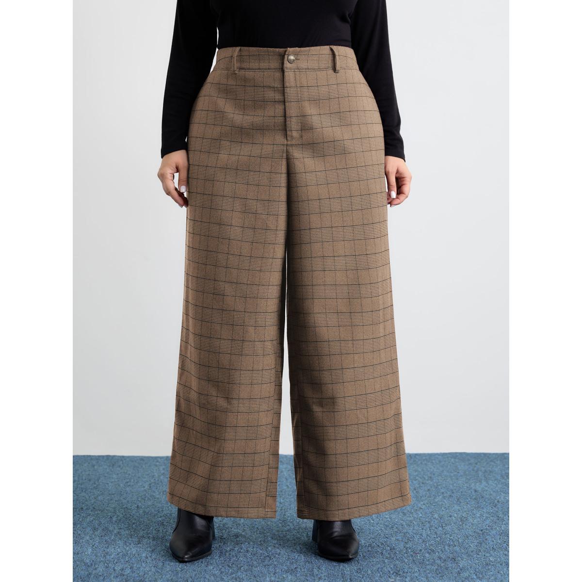 Plus Size Checkered Stretchy Waist Pants Women LightBrown Office Loose Mid Rise Office Pants BloomChic 26/4X Product Image