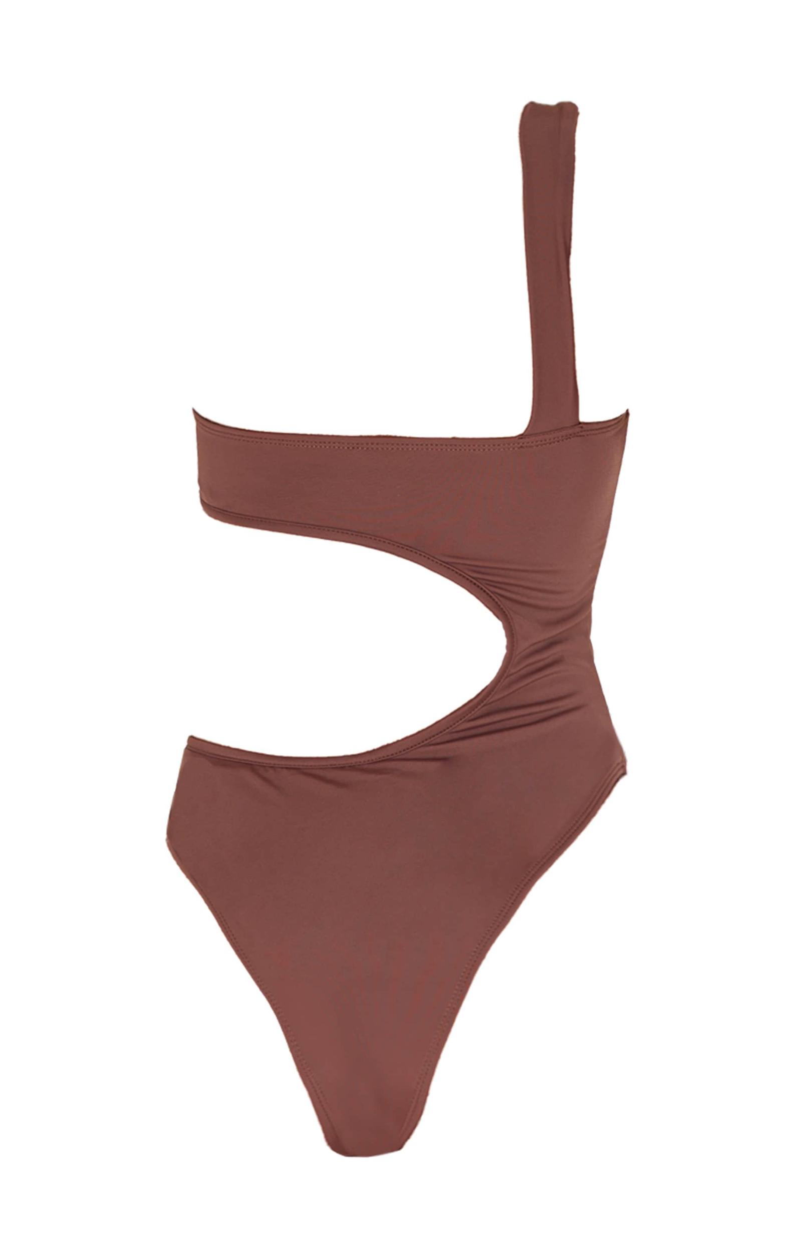 Chocolate Cut Out Trim One Shoulder Swimsuit Product Image