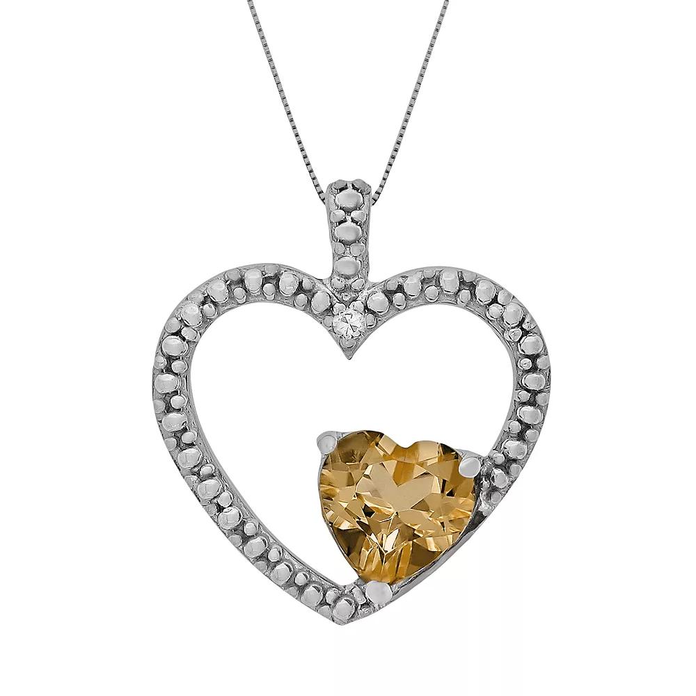 Gemminded Sterling Silver Citrine and Diamond Accent Heart Pendant, Women's, Size: 18", Yellow Product Image
