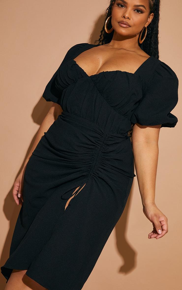 Plus Black Puff Sleeve Ruched Split Side Midi Dress Product Image