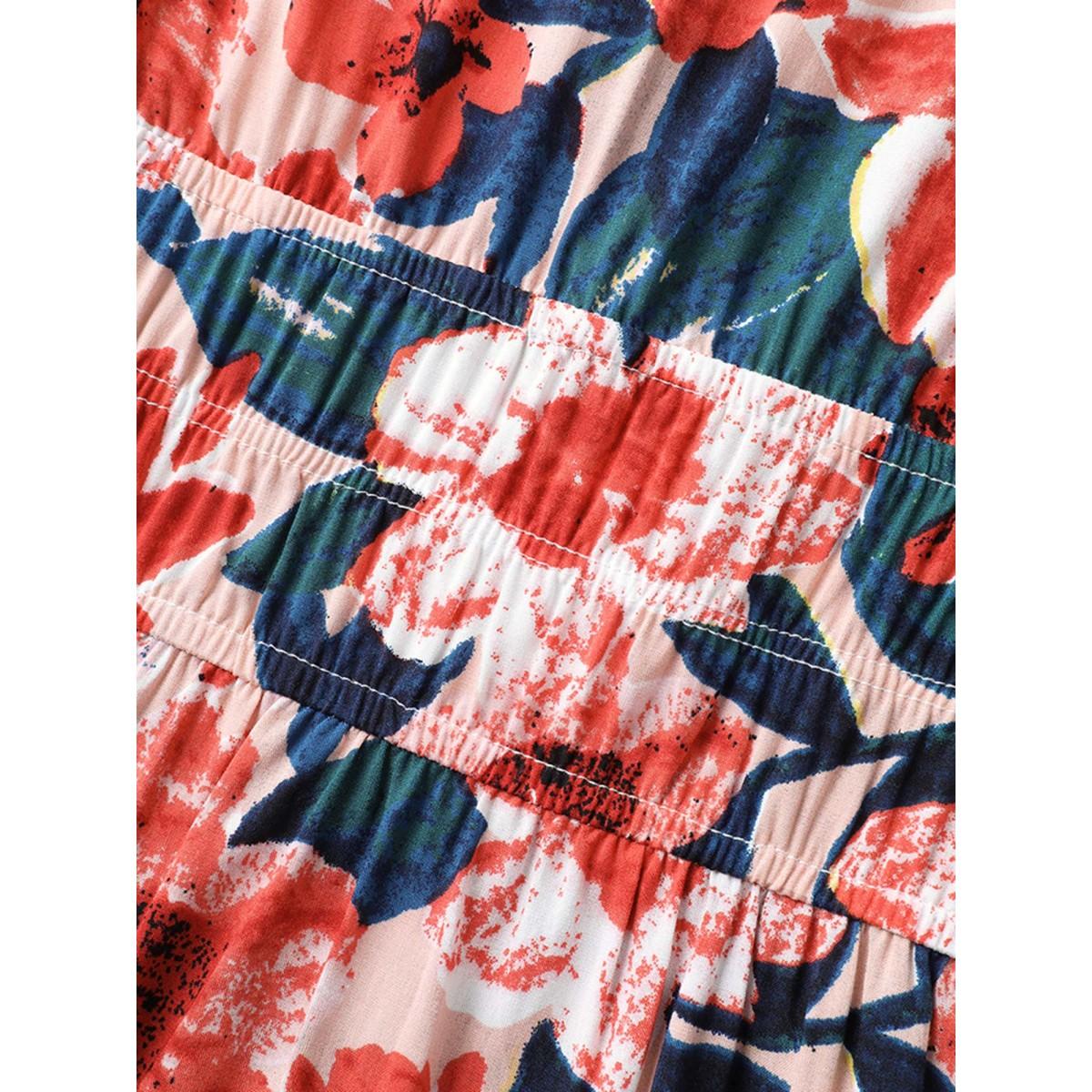 Plus Size Floral Three-Layered Stretchy Waist Midi Dress Coral Women Timeless V-neck Cap Sleeve Curvy BloomChic 12/L Product Image