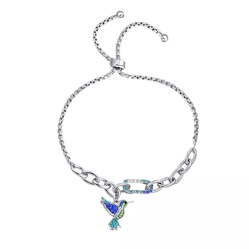 Crystal Collective Fine Silver Plated Blue Crystal Hummingbird Charm Adjustable Bracelet, Womens Silver Tone Blue Product Image