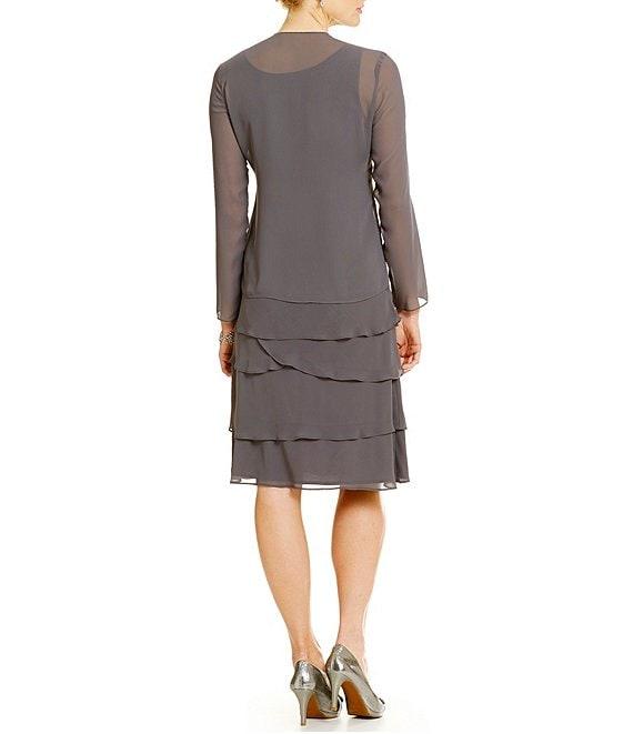 Ignite Evenings Sequin Detail Scoop Neck Long Sleeve Chiffon Tiered 2-Piece Jacket Dress Product Image