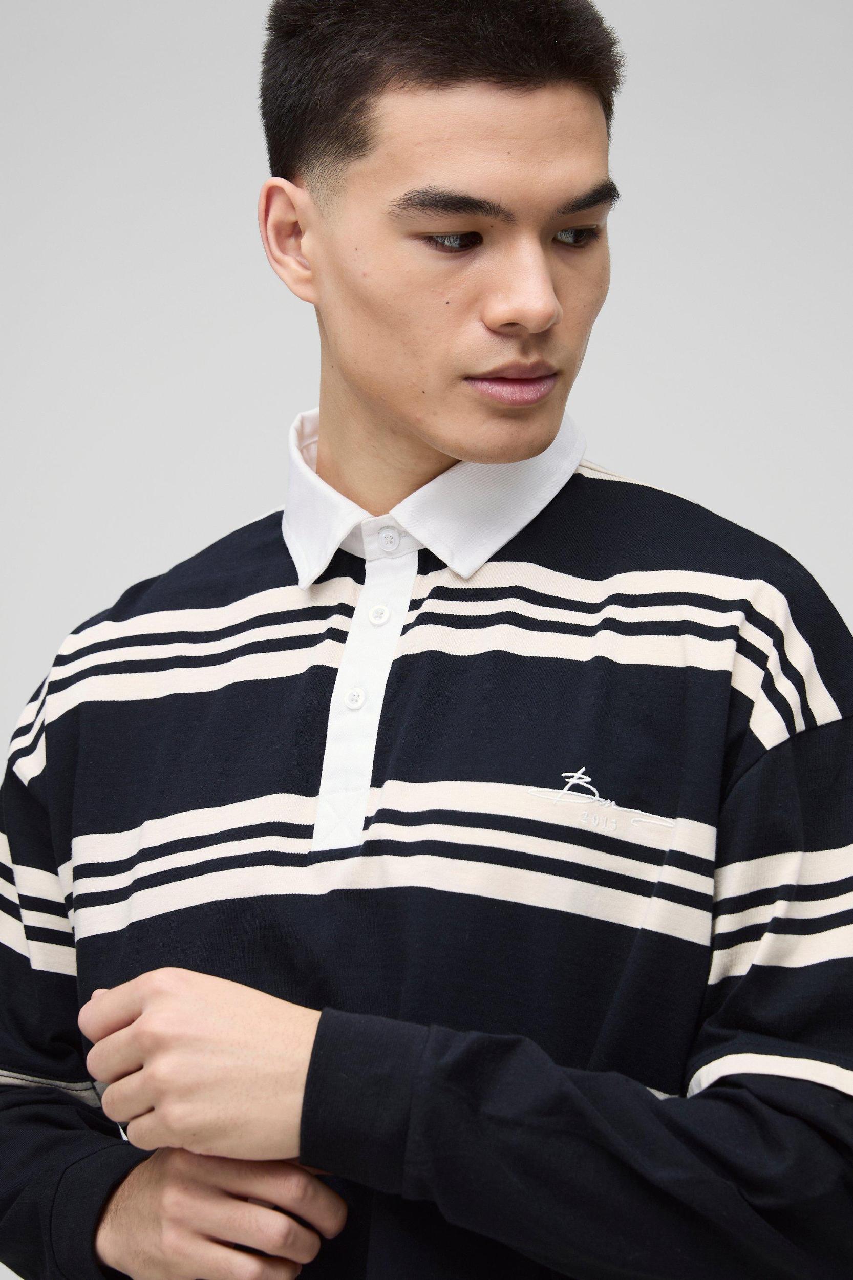 Oversized BM Signature Faux Layer Stripe Polo | boohooMAN USA Product Image