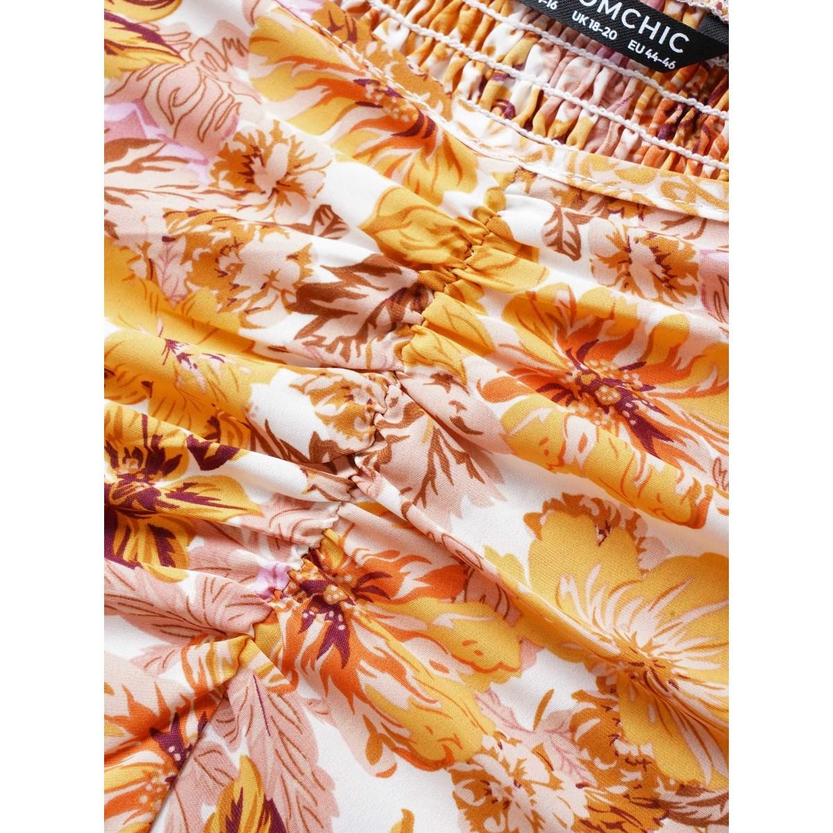 Plus Size Floral Heart Neckline Flutter Sleeve Dress Turmeric Women Elegant Twist Heart neckline Short sleeve Curvy BloomChic 22-24/3X Product Image