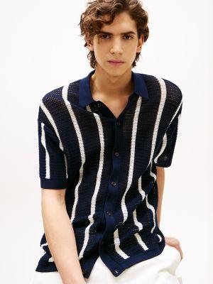 Short-Sleeve Stripe Open-Knit Overshirt Product Image