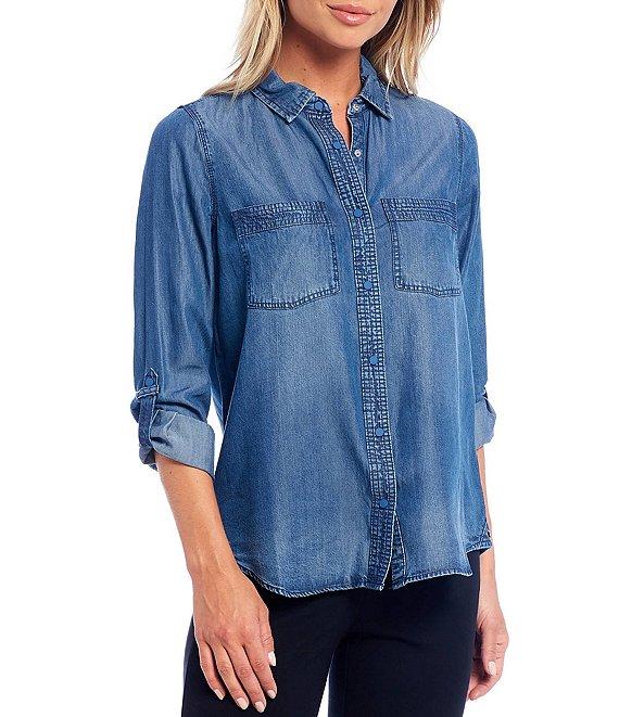 Intro Petite Size Roll-Tab Sleeve Button Front Slub Lyocell Shirt Product Image