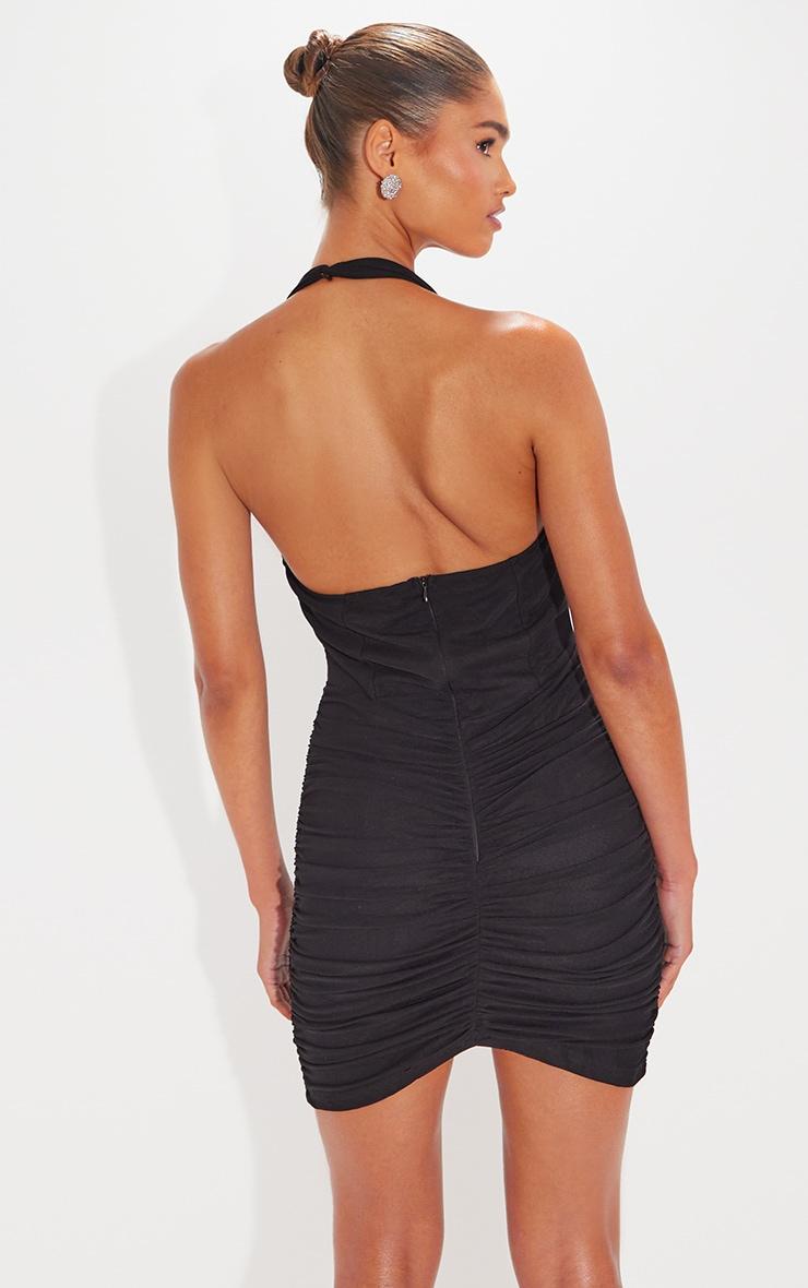 Black Mesh Extreme Ruched Corset Halter Bodycon Dress Product Image