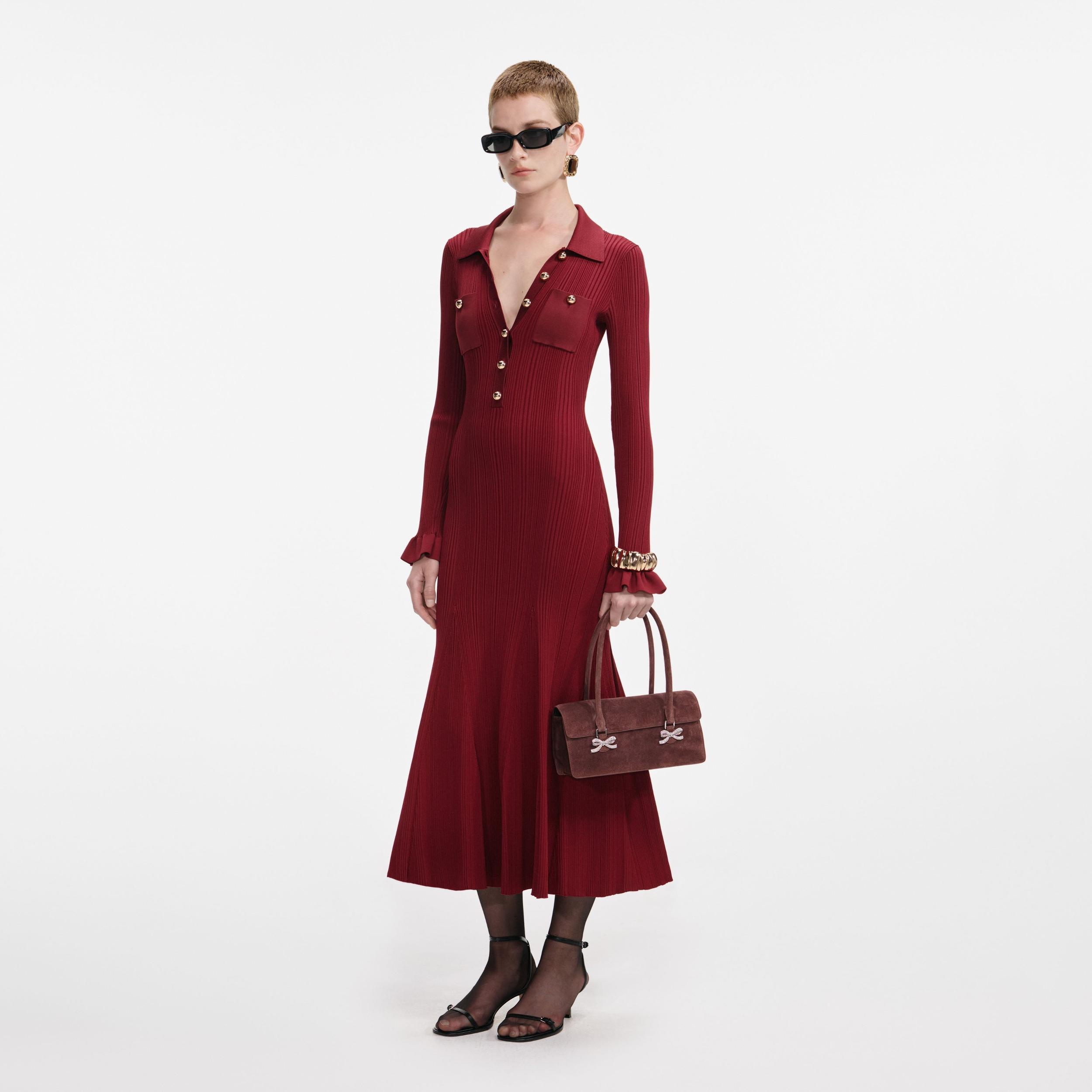 Burgundy Ribbed Knit Midi Dress Product Image