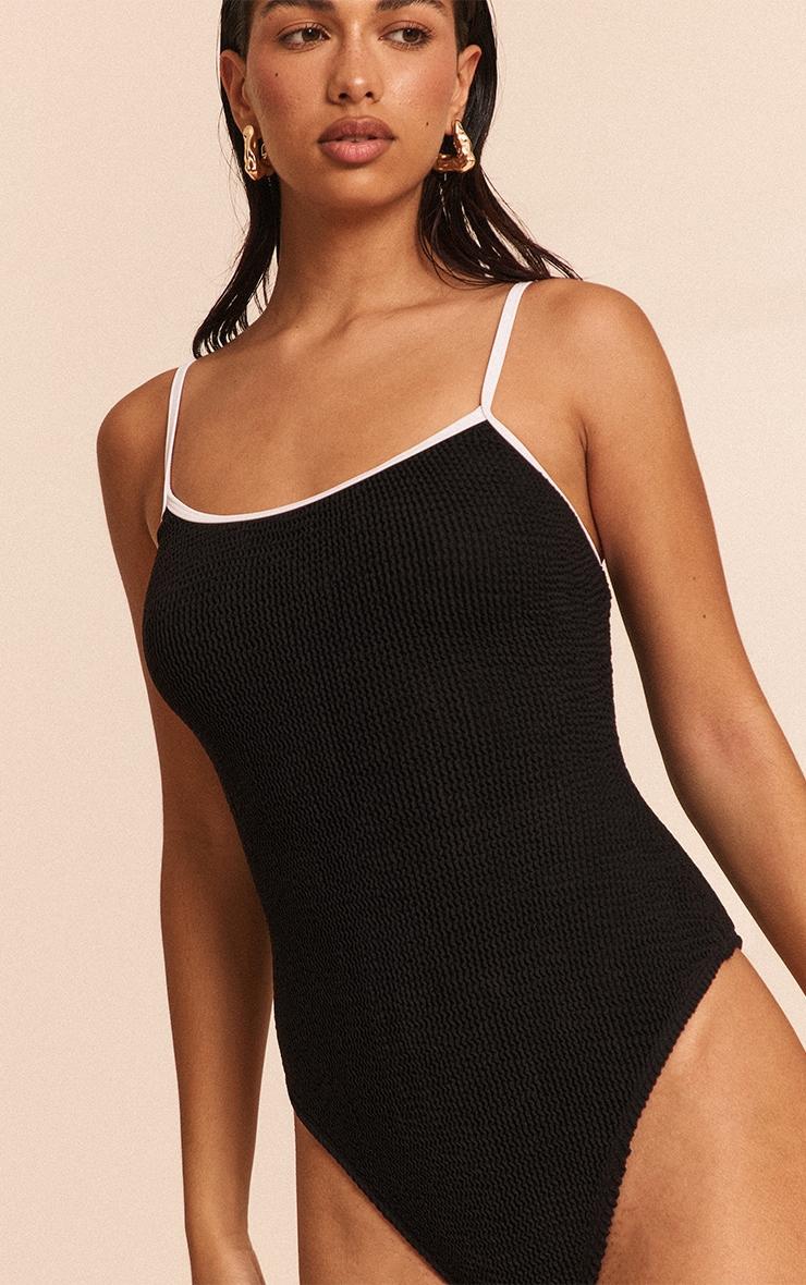 Black Crinkle Contrast Binding Strappy Swimsuit Product Image